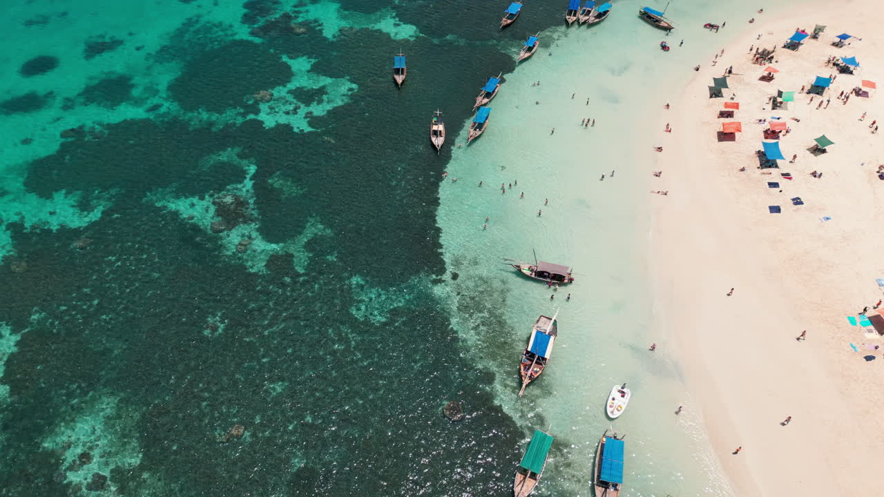 Zanzibar'da mercan resifli tropikal kıyıya yakın tekneler.