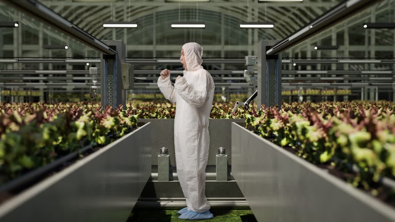 vista lateral del cuerpo completo del hombre asiático investigador gritando meta celebrando mientras estaba de pie en el invernadero con agricultores robóticos inteligentes