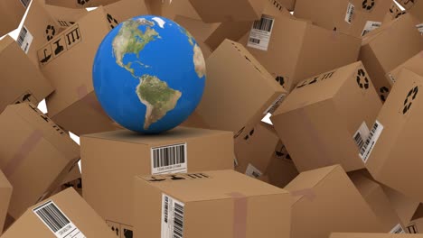 animation of globe over multiple piled cardboard boxes on white background