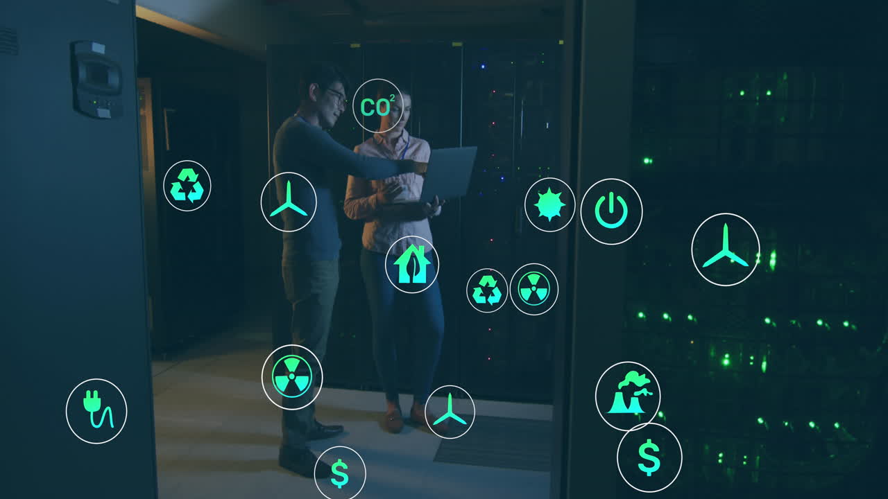 Animation of multiple digital icons over diverse make and male engineer using laptop at server room