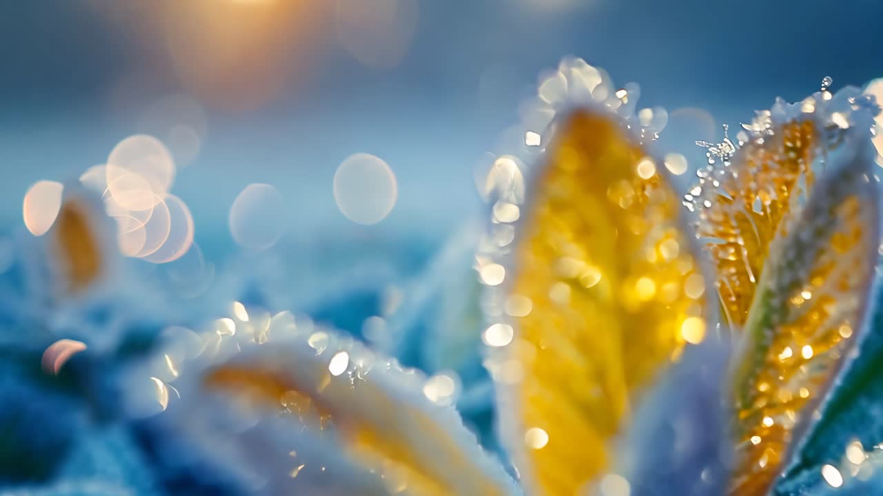 A frozen flower with a leafy stem. The flower is surrounded by ice and snow. The image has a serene and peaceful mood