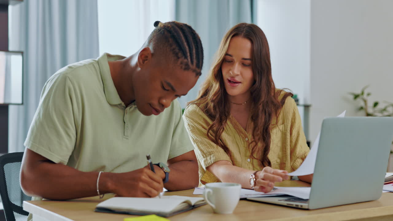 Startup teamwork, desk and notes from laptop