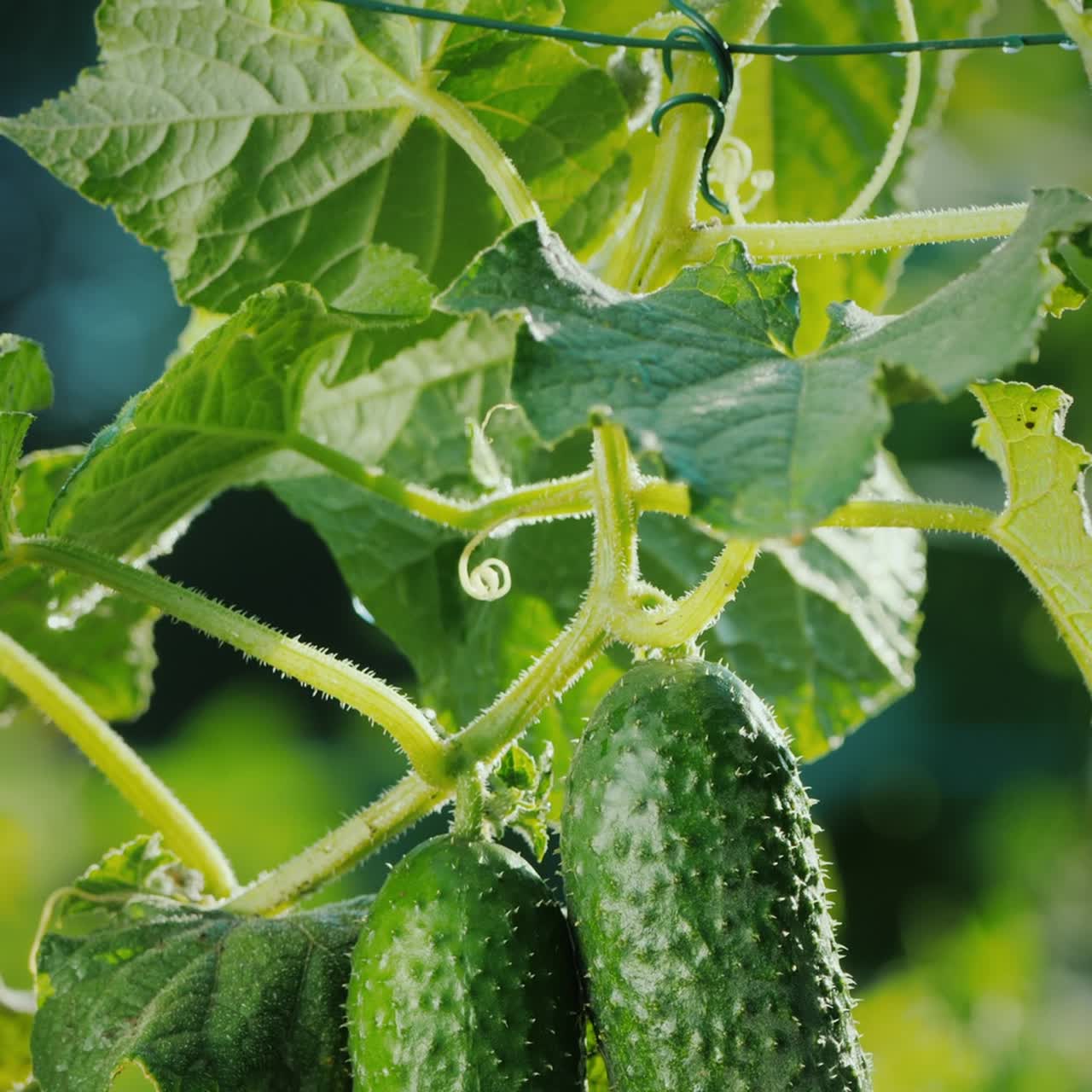 두 개의 오이가 햇빛 아래 침대에서 익을 때 틸트 샷