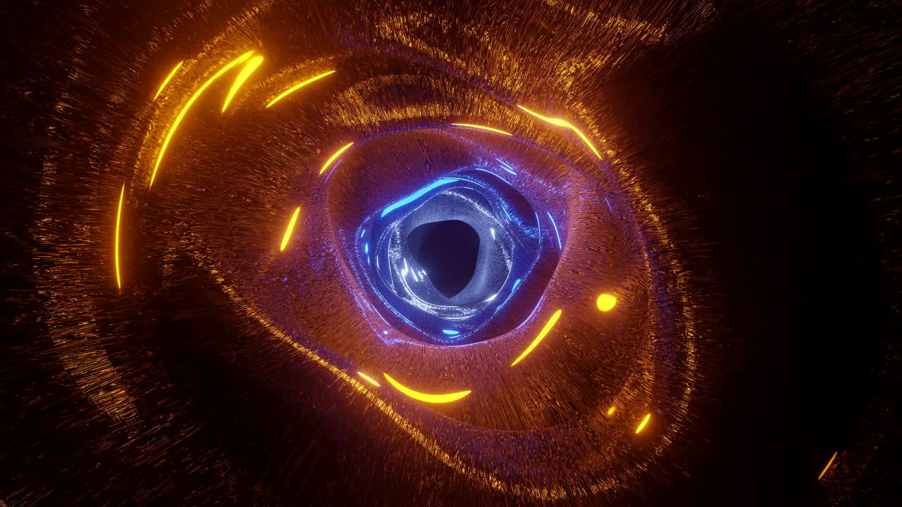 A vibrant tunnel features glowing blue and orange patterns flowing seamlessly in a continuous loop. This dynamic display immerses viewers in an engaging visual experience, perfect for screensavers