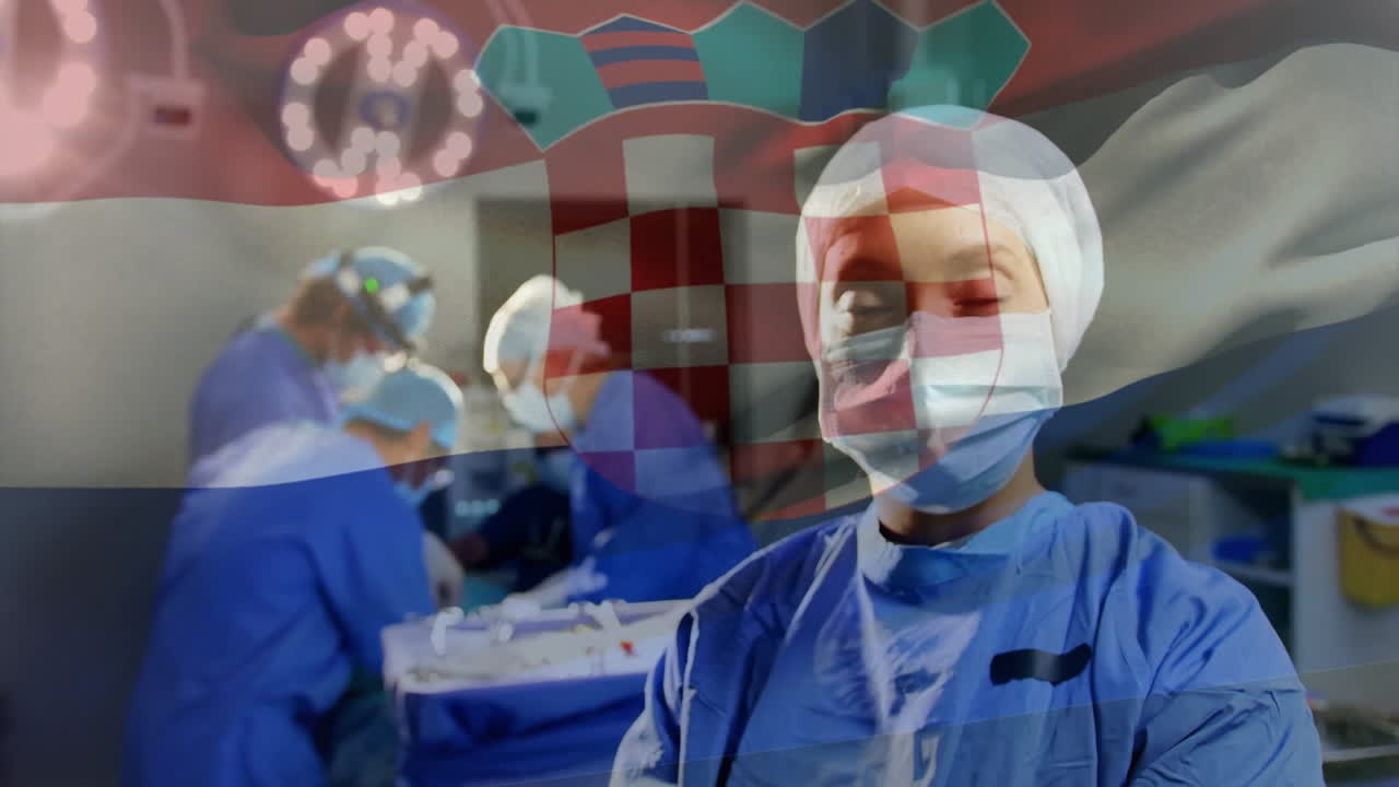 Animation of flag of croatia over diverse surgeons in hospital