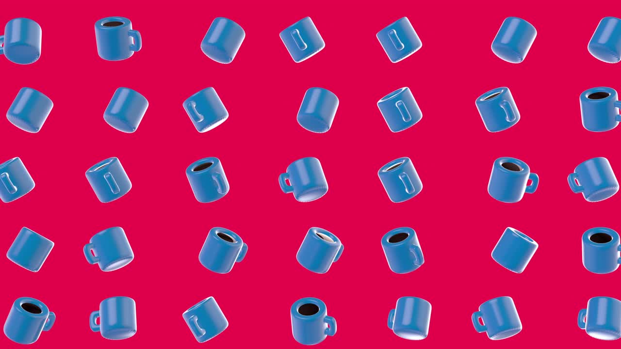 fondo de patrón de movimiento abstracto con taza de café o té girada. animación de bucle 3d en estilo realista de dibujos animados. composición de arte colorida minimalista moderna para proyecto de comida y bebida.