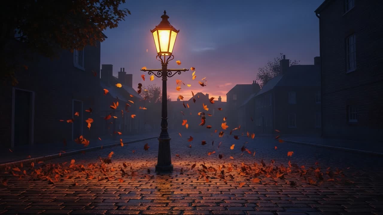 A Tranquil Evening Scene Captured in Two Frames, Featuring a Street Lamp Illuminating a Cobblestone Path Surrounded by Whirling Autumn Leaves at Dusk