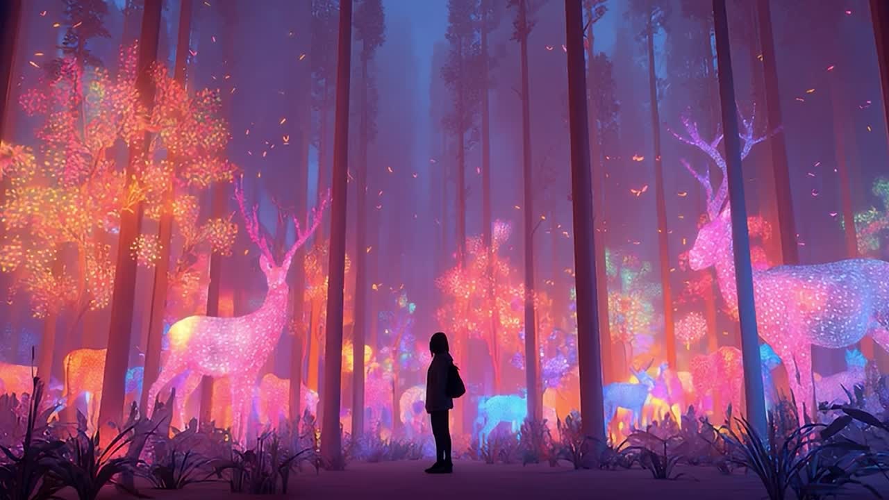 Foresta illuminata da luci colorate con cervi e un visitatore solitario