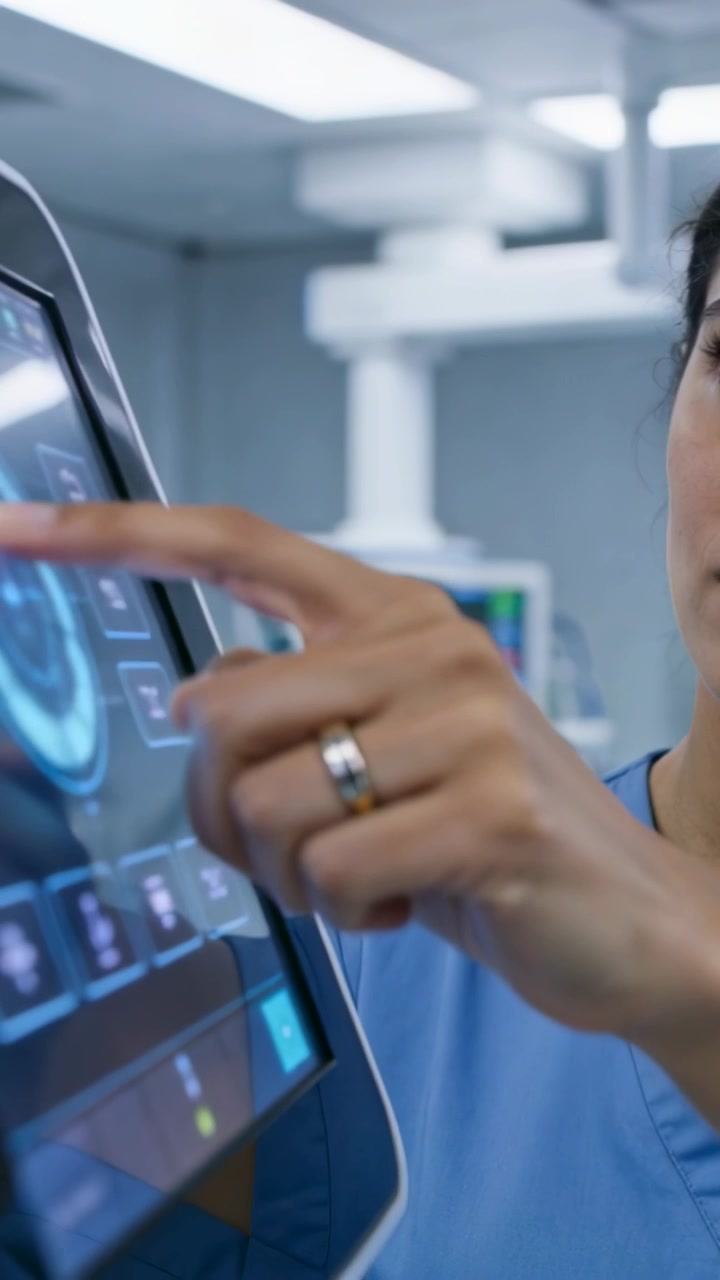 Video verticale: Dito che picchietta, infermiera in camice blu che regola un pannello in clinica, aggiornando il monitor.