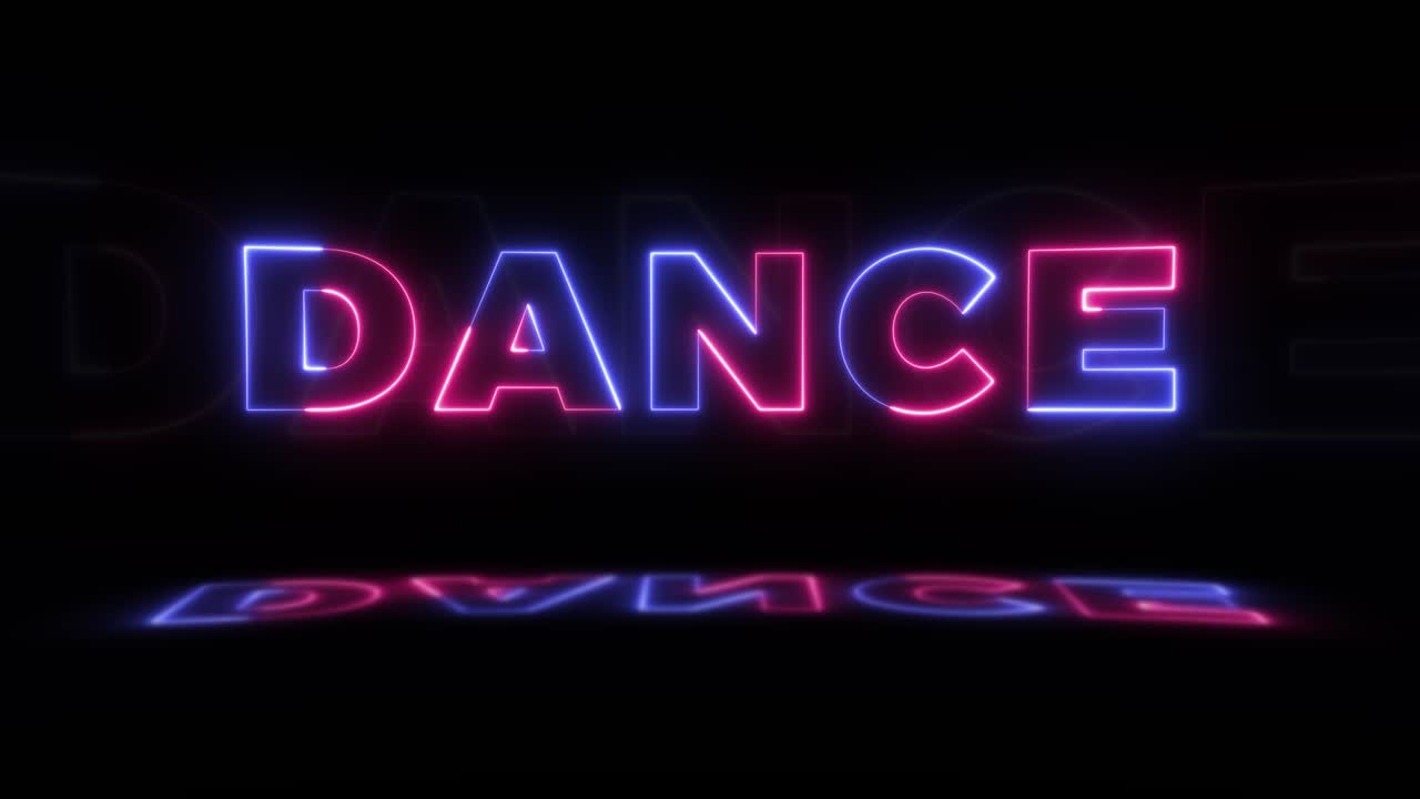 Neonowy, świecący napis 'DANCE' na czarnym tle z odbiciami na podłodze. Neonowe efekty świetlne w płynnej pętli grafiki ruchomej