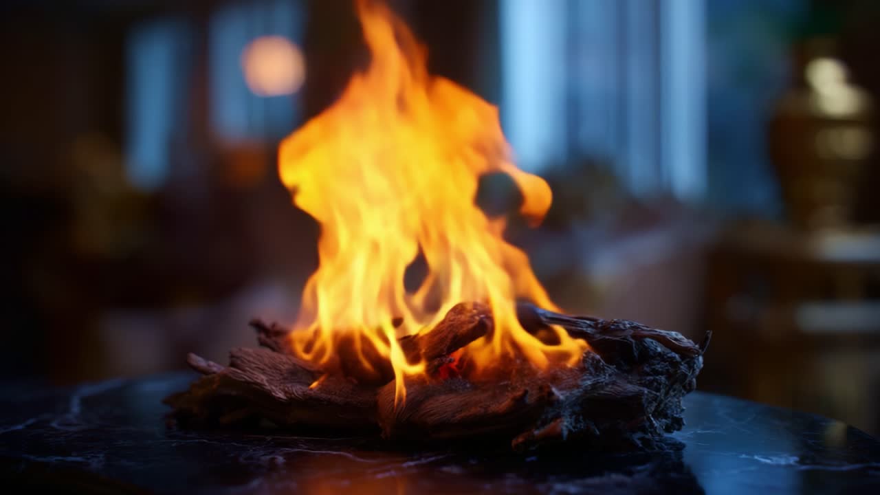 Un'immagine accattivante di fiamme che danzano sopra un rustico fuoco di legna su una superficie liscia, che emana calore e atmosfera in un elegante ambiente interno