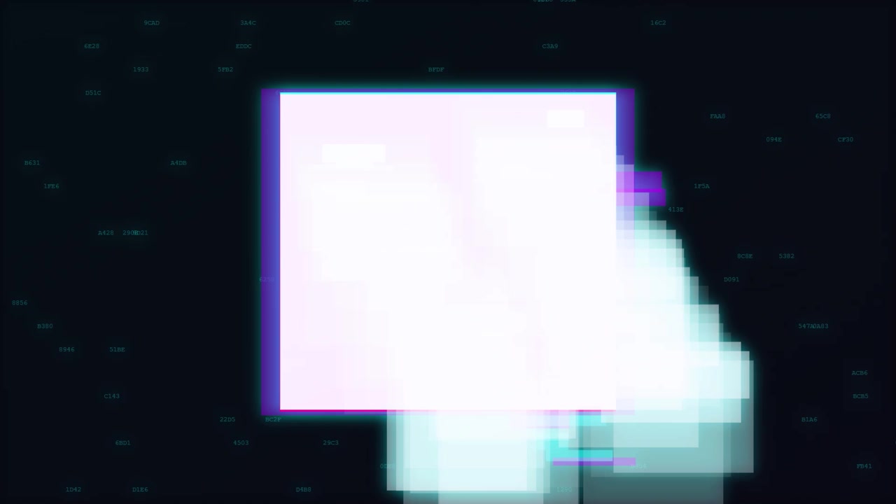 Digital Glitch Effect with Floating Data and Glowing Square
