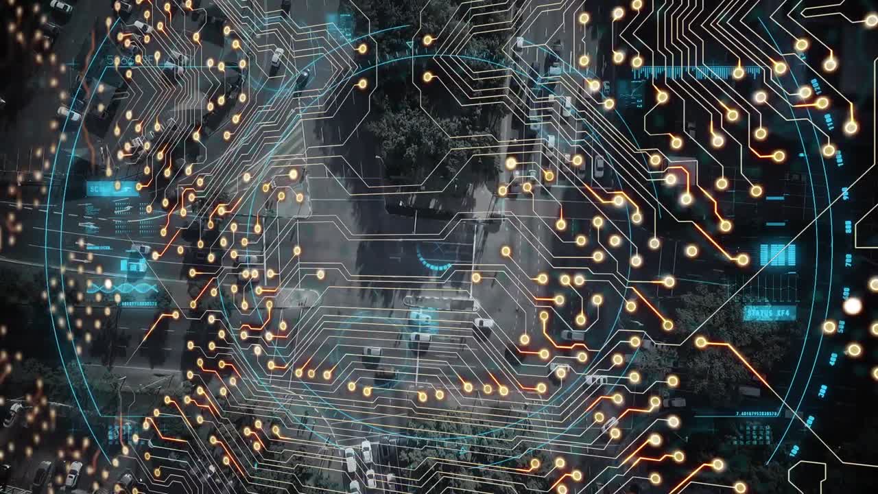 도시 풍경 위의 데이터 처리 애니메이션