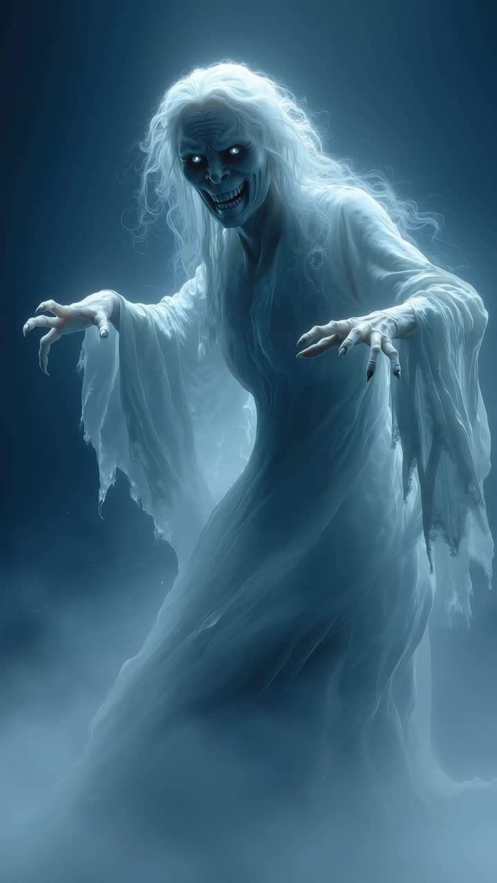 Una figura spettrale in una notte nebbiosa con uno sfondo blu