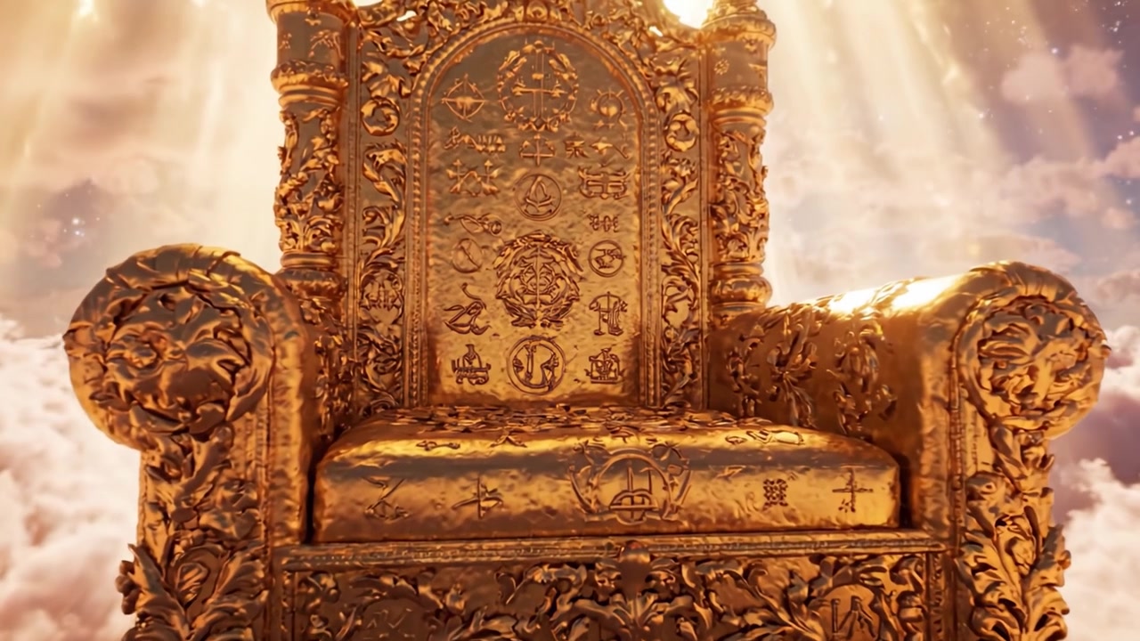 A Magnificent Golden Throne Amidst Ethereal Clouds and Divine Light: A Symbol of Power and Majesty in a Celestial Realm