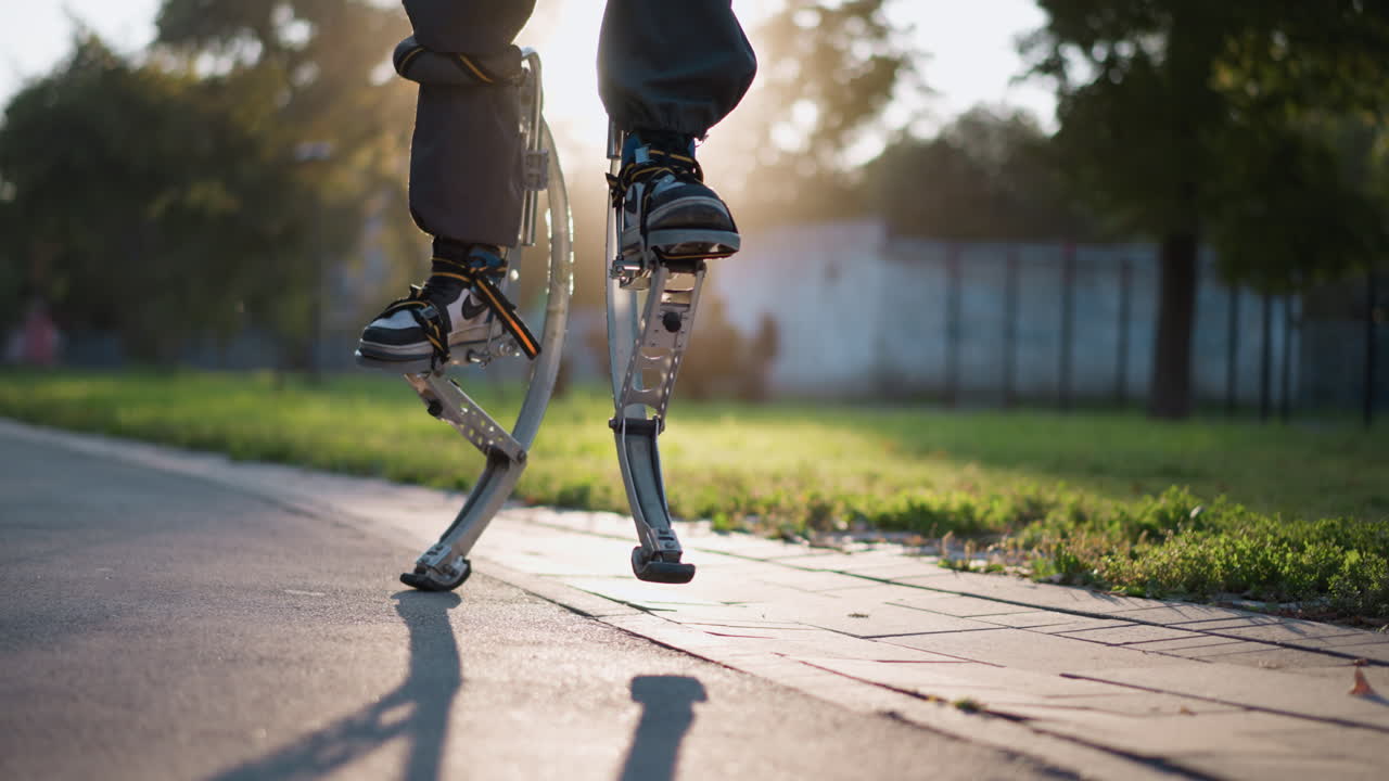 Person on spring stilts walking on paved path in sunny park, captured from low angle focusing on legs in dark pants. Scene highlights dynamic movement, vibrant energy, and natural outdoor