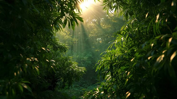 Pushing camera forward through dense forest undergrowth, capturing rising sun's golden beams