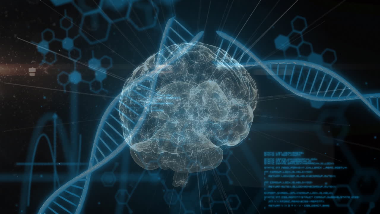 Animation of scientific data processing over human brain and dna strands on dark background