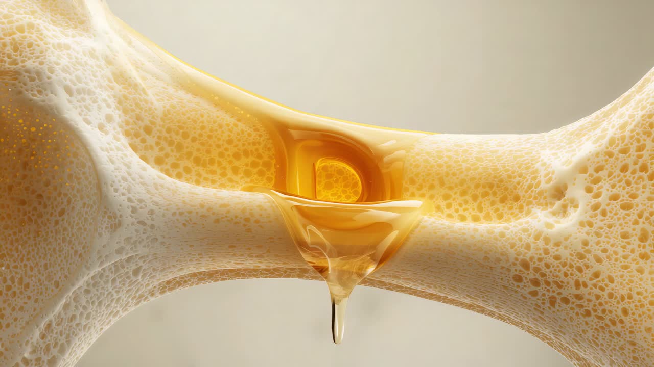 Forming viscous golden droplet hanging from pool between porous bridge in closeup, gravity pulling
