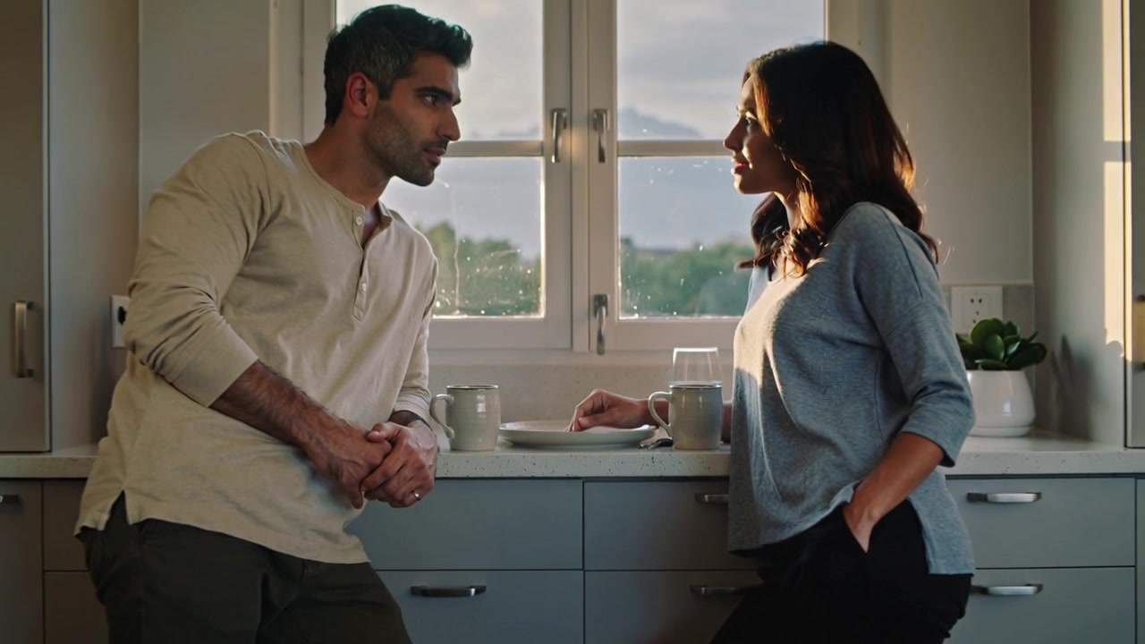 Pulling back showing couple leaning at kitchen counter, she keeping hand on plate near mugs talking