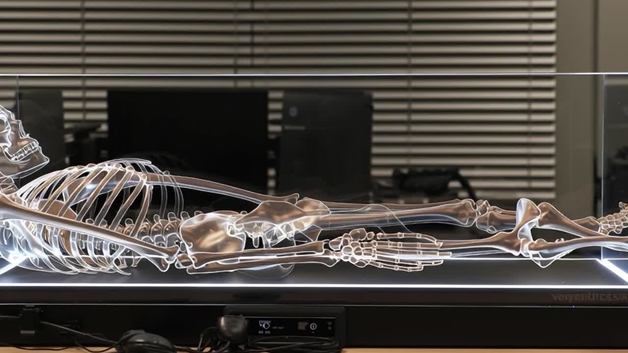 Lehrdisplay eines menschlichen Skeletts in einem modernen Klassenzimmer.