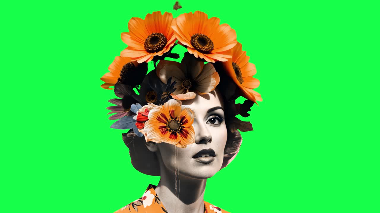 Floral surrealism portrait animation, transparent 4K video, green screen