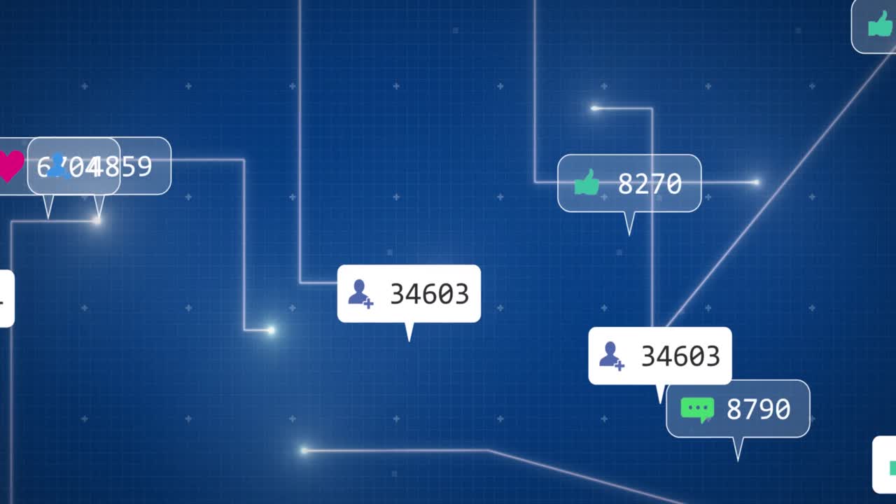 Animation of social media data processing over blue background
