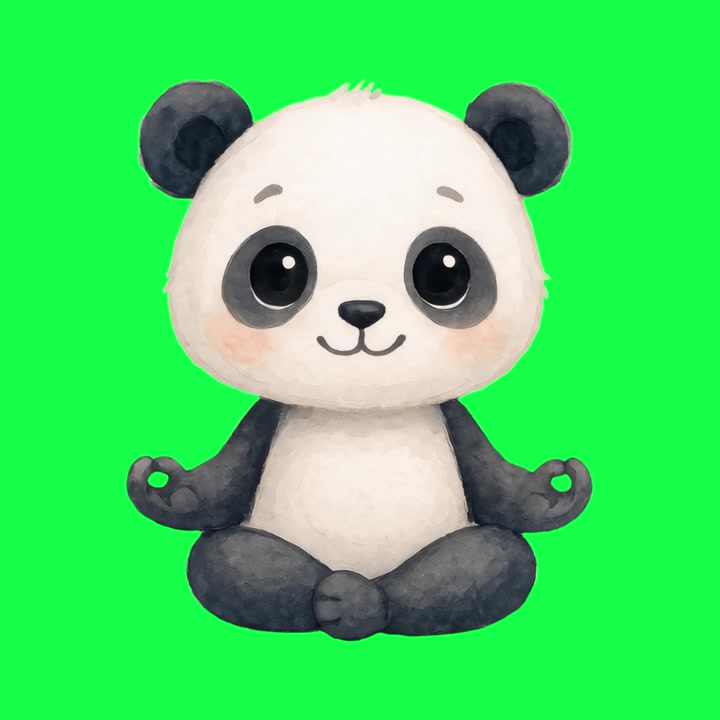 Simpatico panda cartone animato che medita e sbatte le palpebre su schermo verde