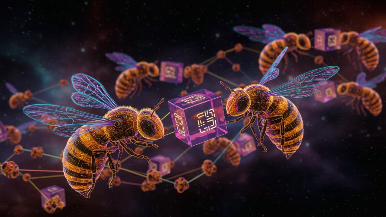 A Captivating Visual of Futuristic Bees Engaging with Quantum Elements in a Cosmic Setting, Merging Nature and Technology in a Stunning Display of Color and Detail