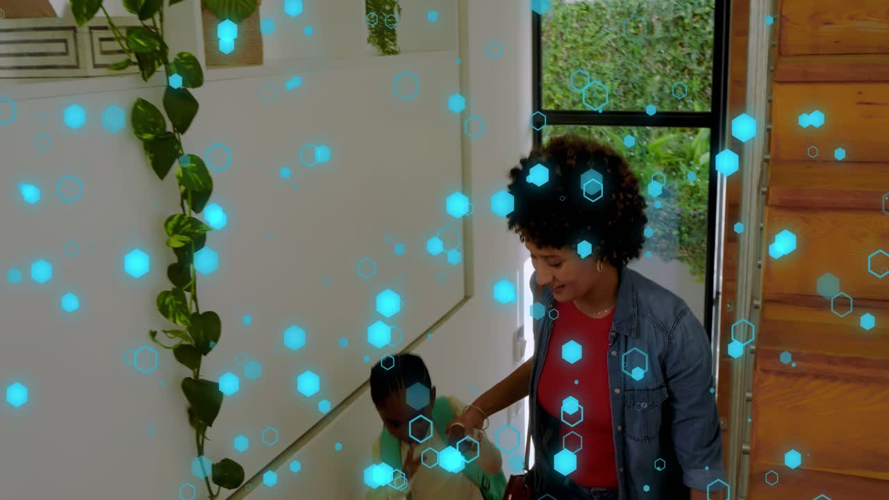 Child entering, mom closing door and guiding daughter upstairs for school, turquoise overlay