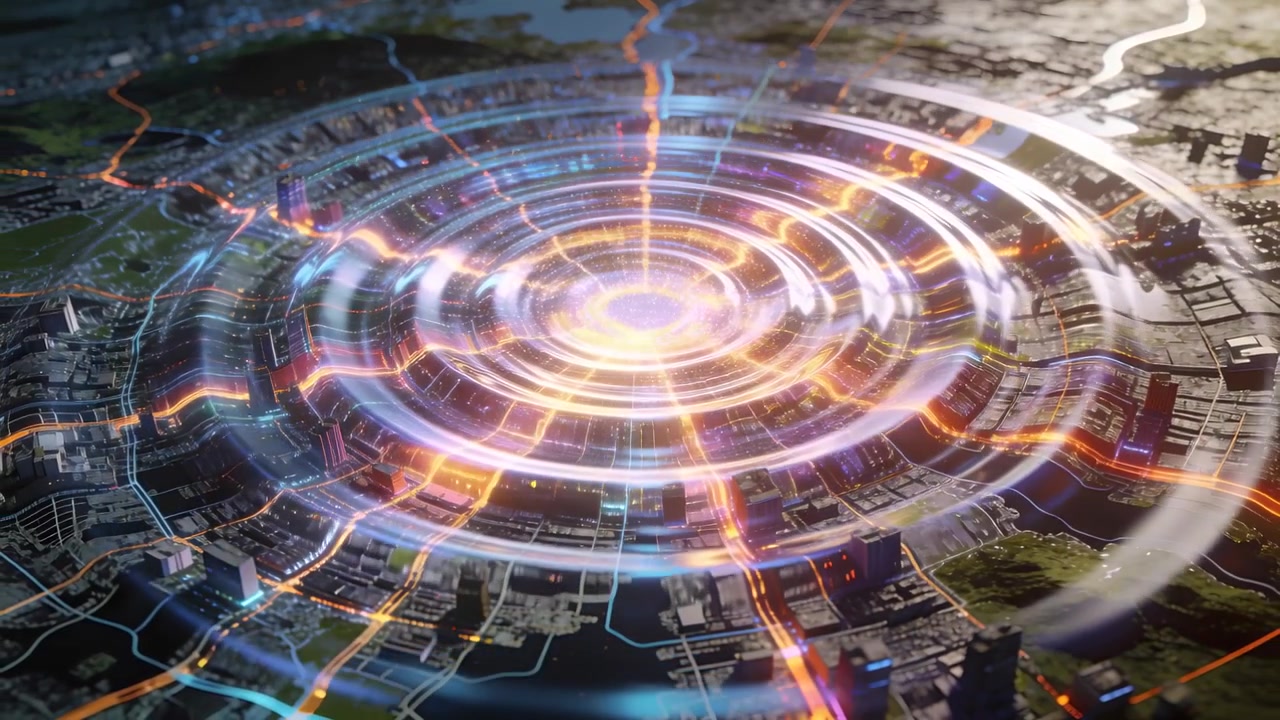 Appearing holographic rings pulsing from central hub, tracing roads over coastal metropolitan map