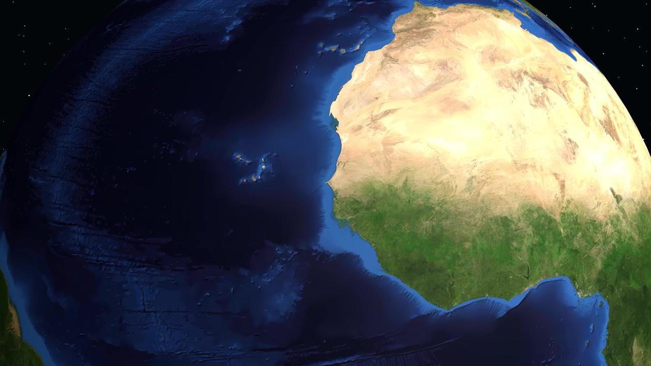 Un globo digital gira y hace zoom en África Occidental, destacando Dakar con un pin de ubicación.