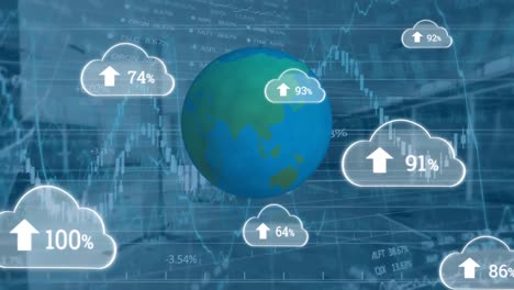 Animation-Von-Wolken-Mit-Wachsender-Anzahl,-Globus-Und-Finanzdatenverarbeitung-über-Leerem-Büro