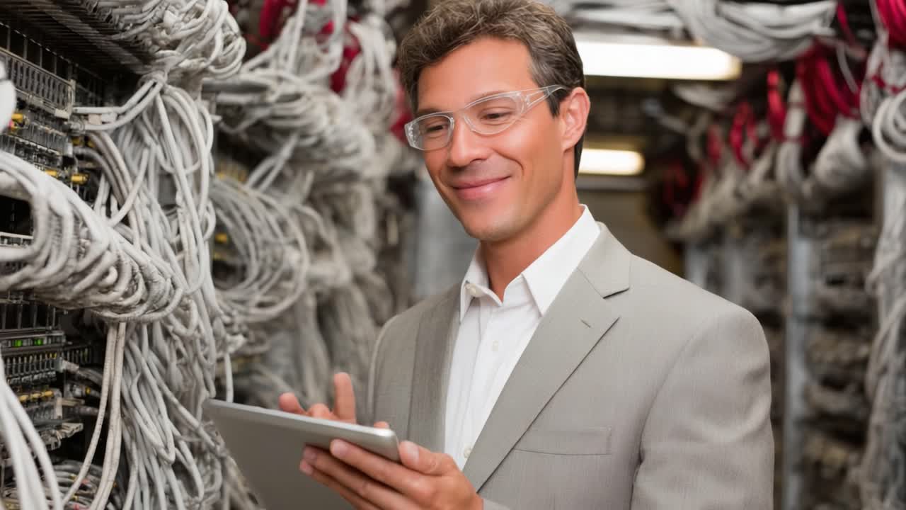 A Professional in a Networking Environment Uses a Tablet to Manage and Monitor Connectivity While Surrounded by Cables and Server Equipment
