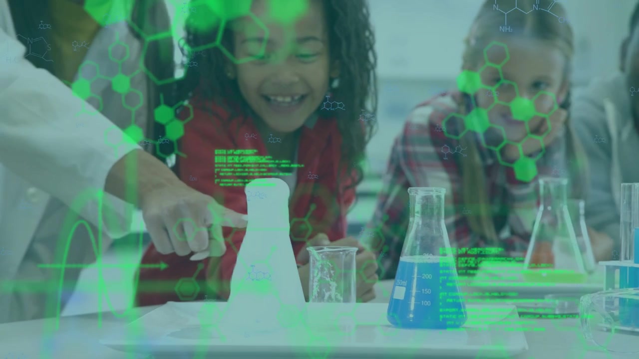 Teacher pouring reagent guiding pupil touching foam, molecular overlay appearing over foam teaching