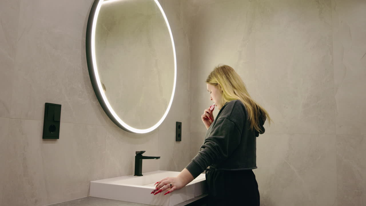 Woman Brushing Teeth in Modern Bathroom