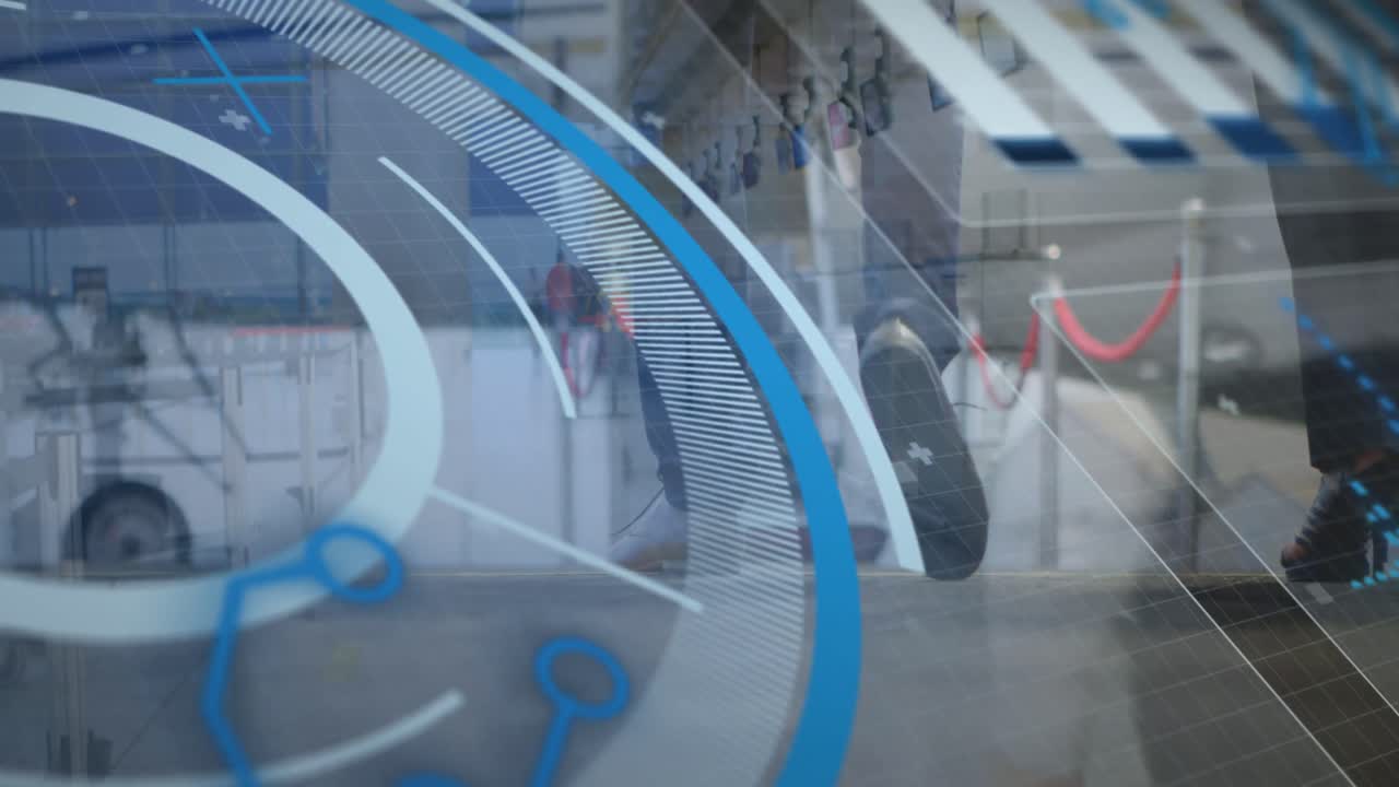 Animation of scope scanning and data processing over diverse people at airport