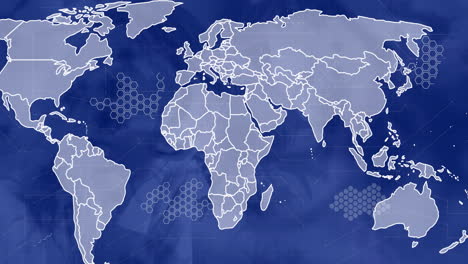 animazione di una mappa del mondo su sfondo blu con cellule virali.