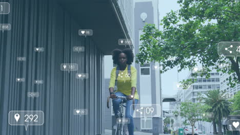 animación de iconos y procesamiento de datos sobre mujer afroamericana montando bicicleta