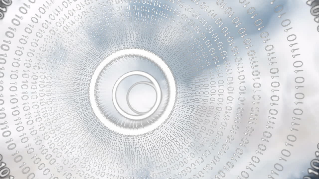Binary code animation forming vortex pattern over cloudy sky background