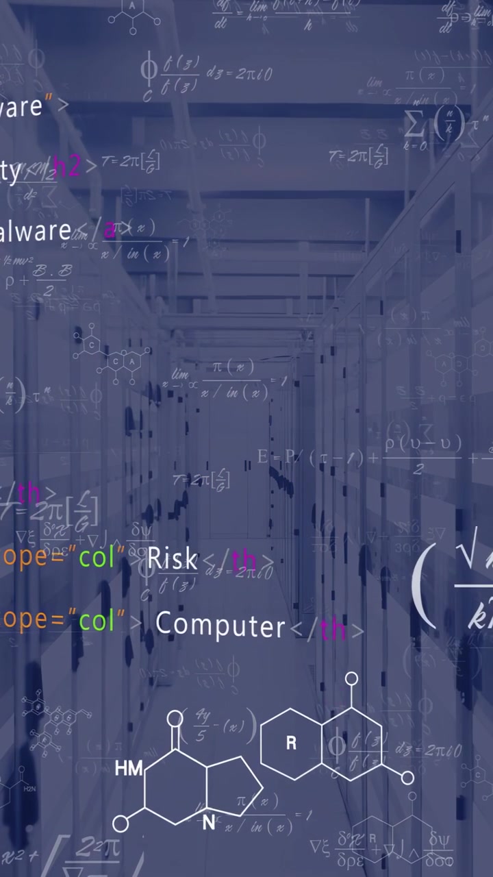 Vertical video: Math derivative appearing, overlays stacking over server aisle showing cyber risks