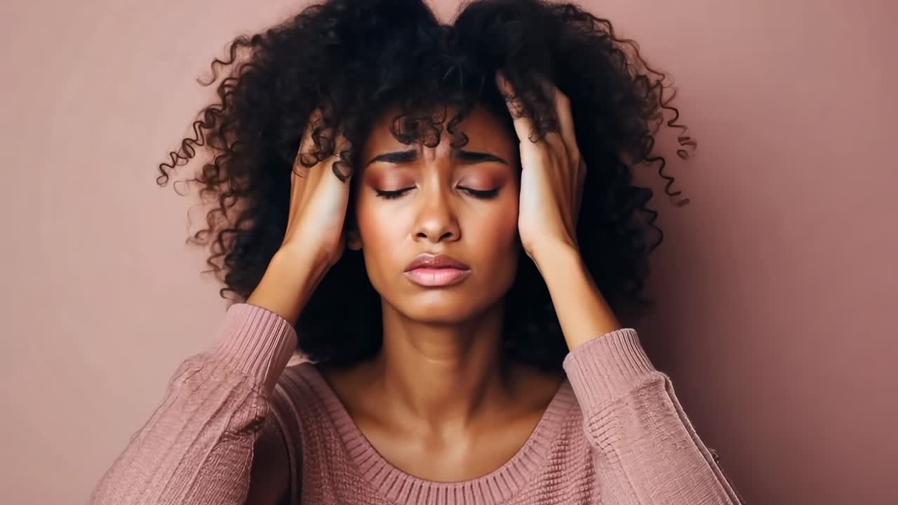 A close-up video frame of a woman with curly hair holding her head, conveying stress or frustration