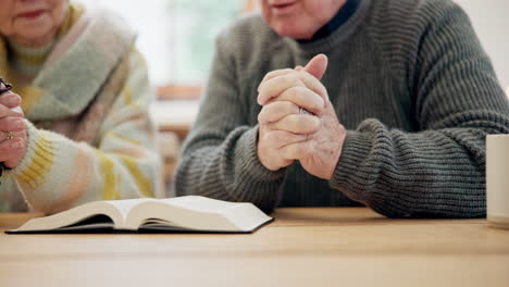 hands, senior couple and bible for praying