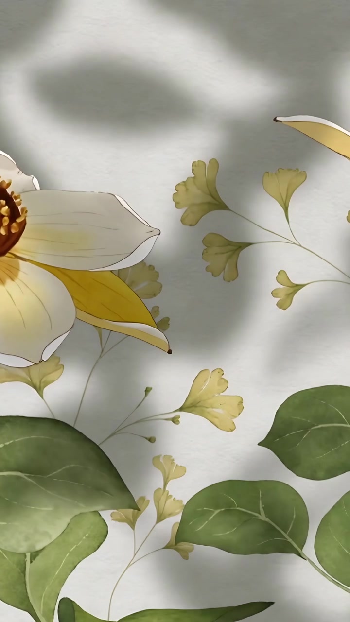 Vertical video: Panning shot showing bloom, green leaves on textured wall while shadows moving
