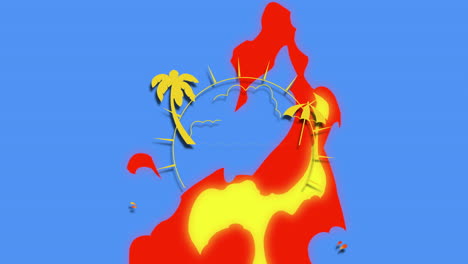 fuego rojo y paisaje tropical en textura azul