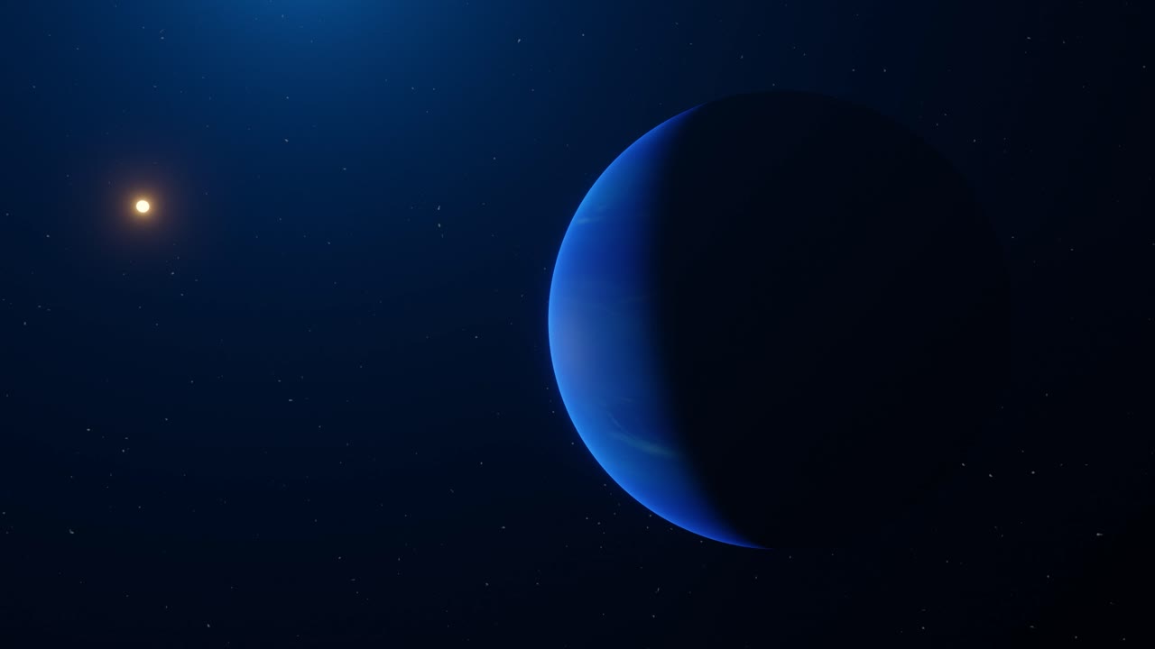 3D-animering som visar planeten Neptunus med solen i bakgrunden.