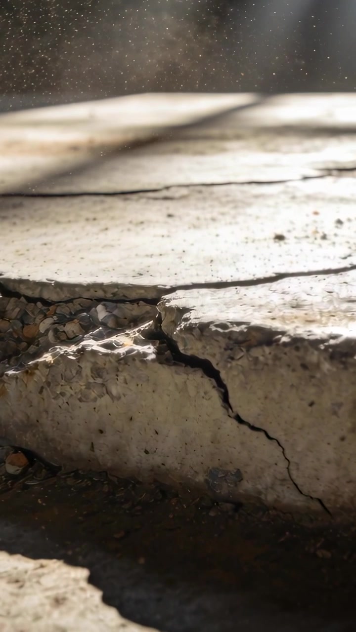 Video verticale: Telecamera che si sposta rivelando una lastra di cemento fessurata all'aperto, ciottoli, polvere, raggi di sole