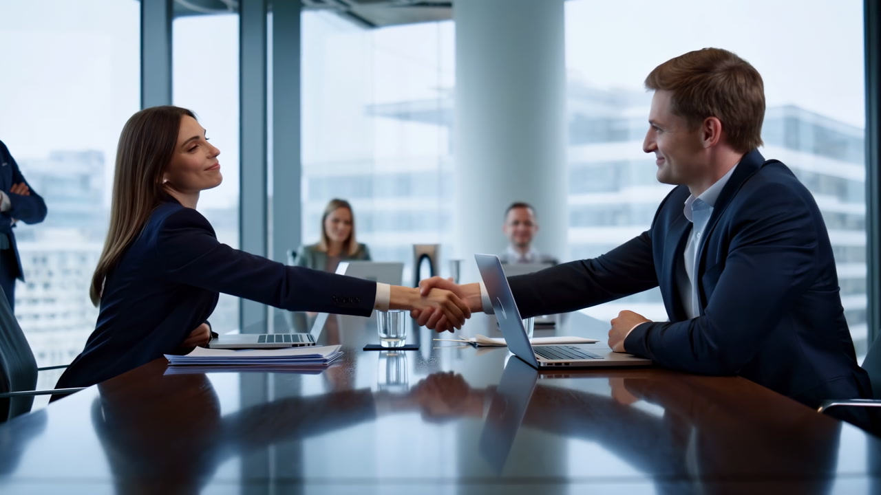Caucasian Executives Handshake Across Conference Table, Ceo And Investor Finalize Contract Amid Modern Glass