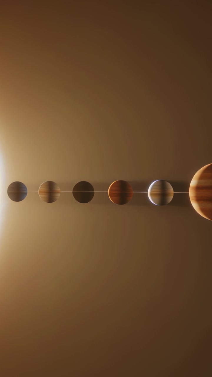 Vertical video: Gliding planet row sliding on faint guide in brown, star glow revealing gas giant