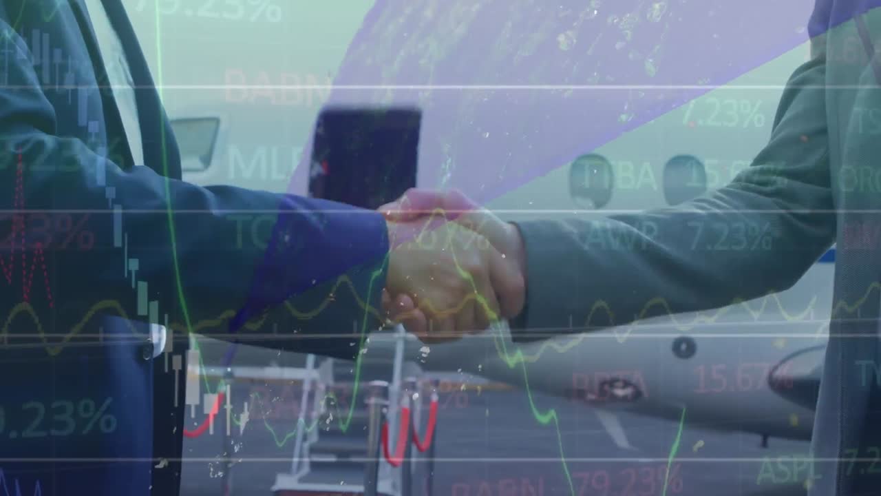 様々なビジネスマンが握手する上でデータ処理のアニメーション